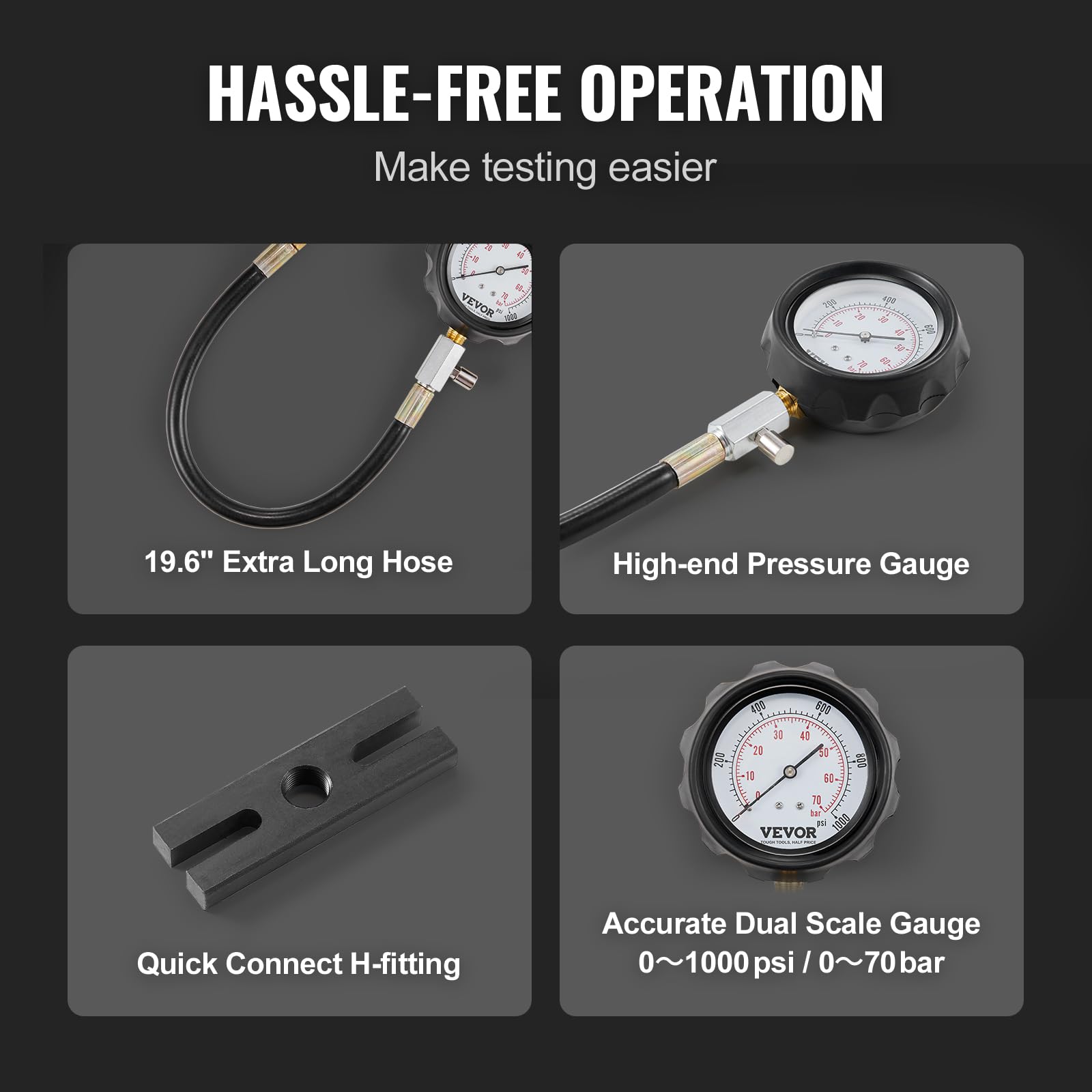 VEVOR extra-long hose and quick-connect fittings improving reach and speed