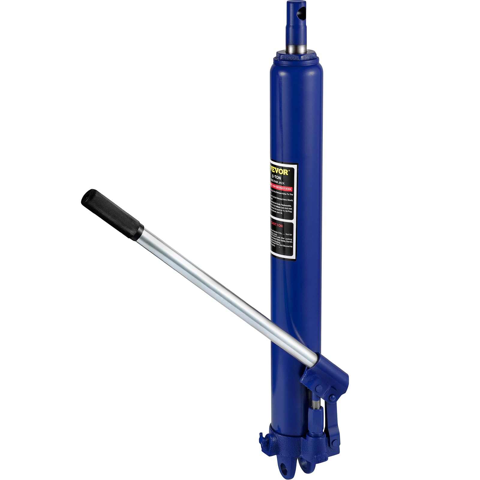 VEVOR long ram jack front view showing compact 8-ton body and mounting benefit