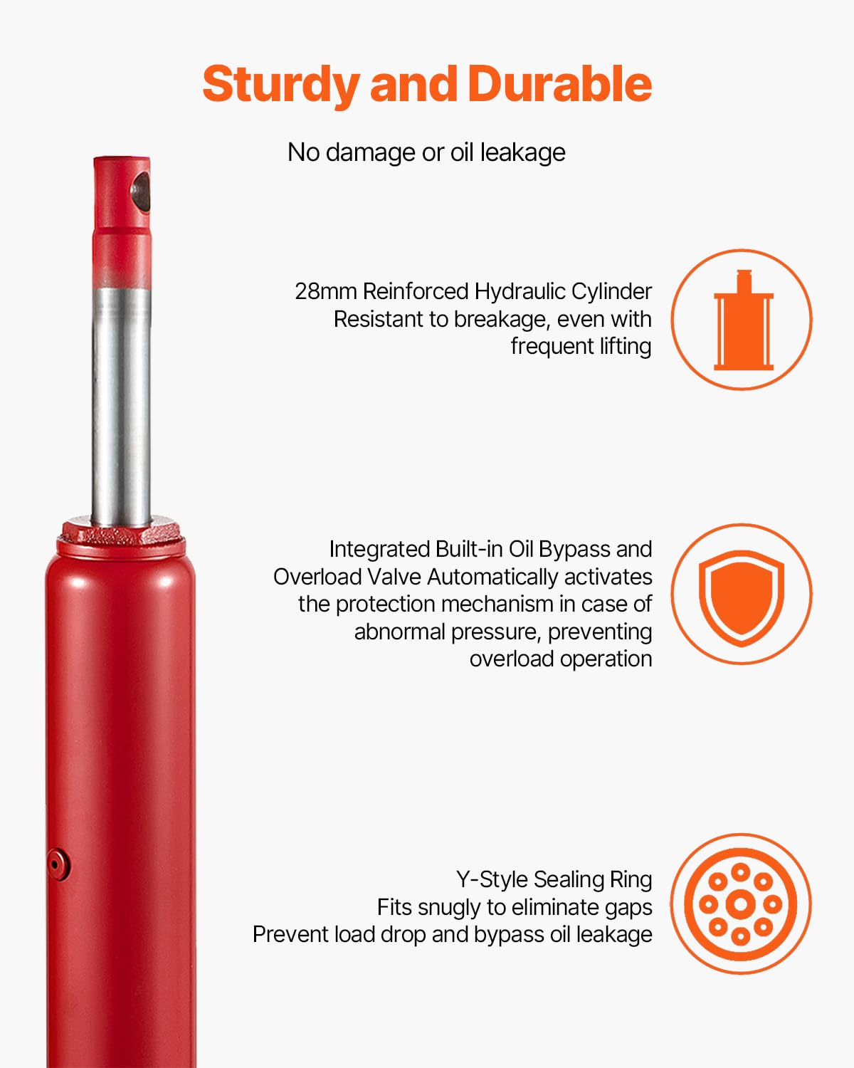 VEVOR piston plunger detail highlighting large-diameter cylinder and leak resistance