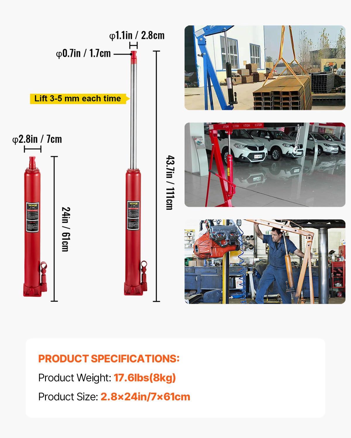VEVOR ram next to car wheel for scale showing compact size and strong lift capacity