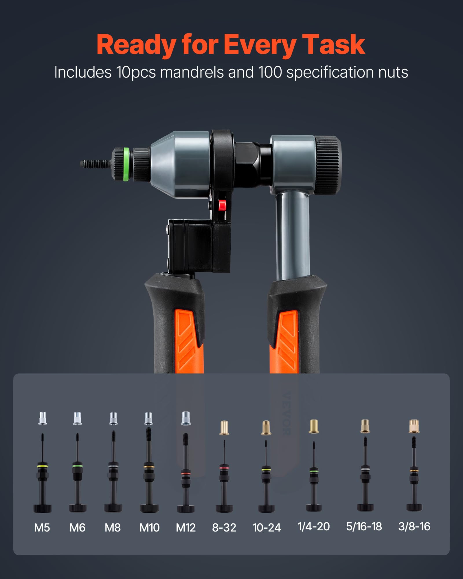 VEVOR close-up of the ten mandrels lined up for quick size selection and flexibility