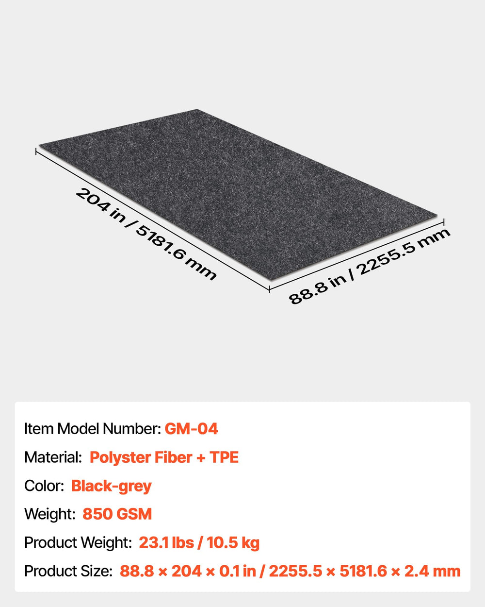 VEVOR rolled mat beside a tape measure showing true-to-size length and scale