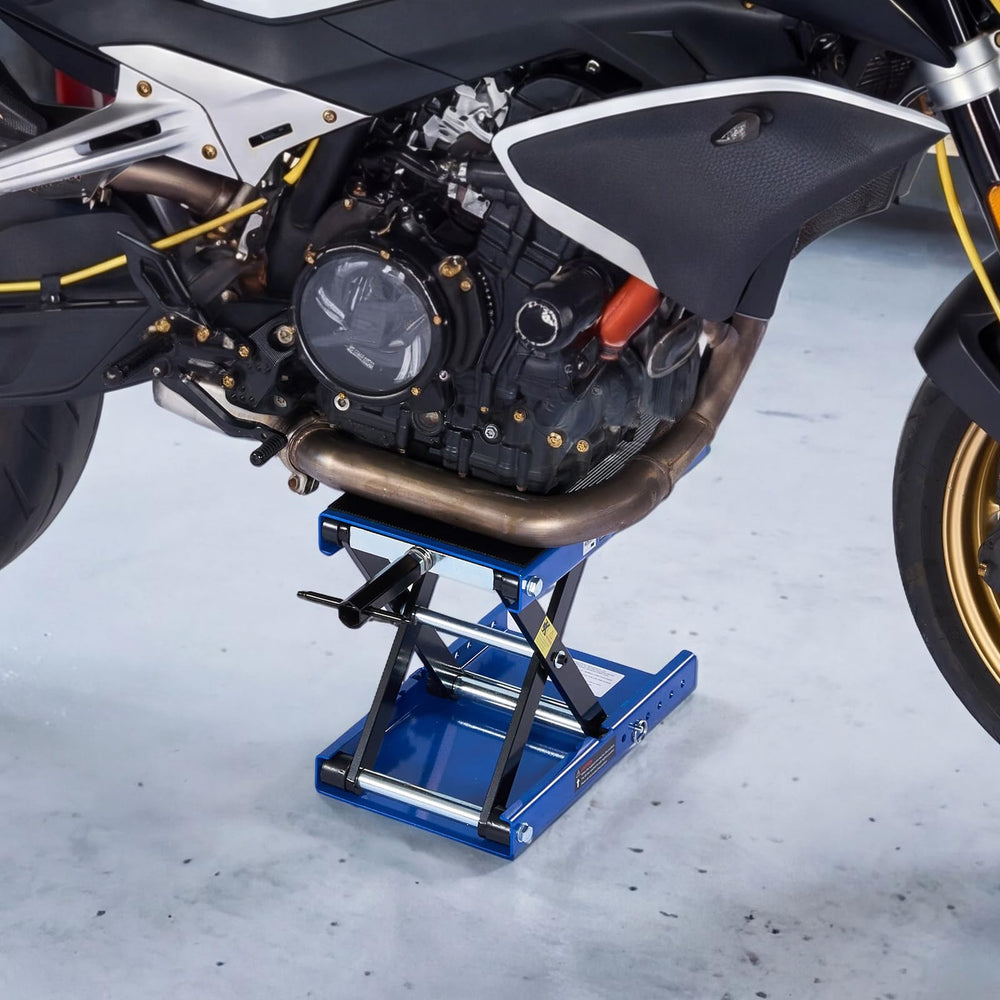 VEVOR lift next to motorcycle showing size and scale benefit