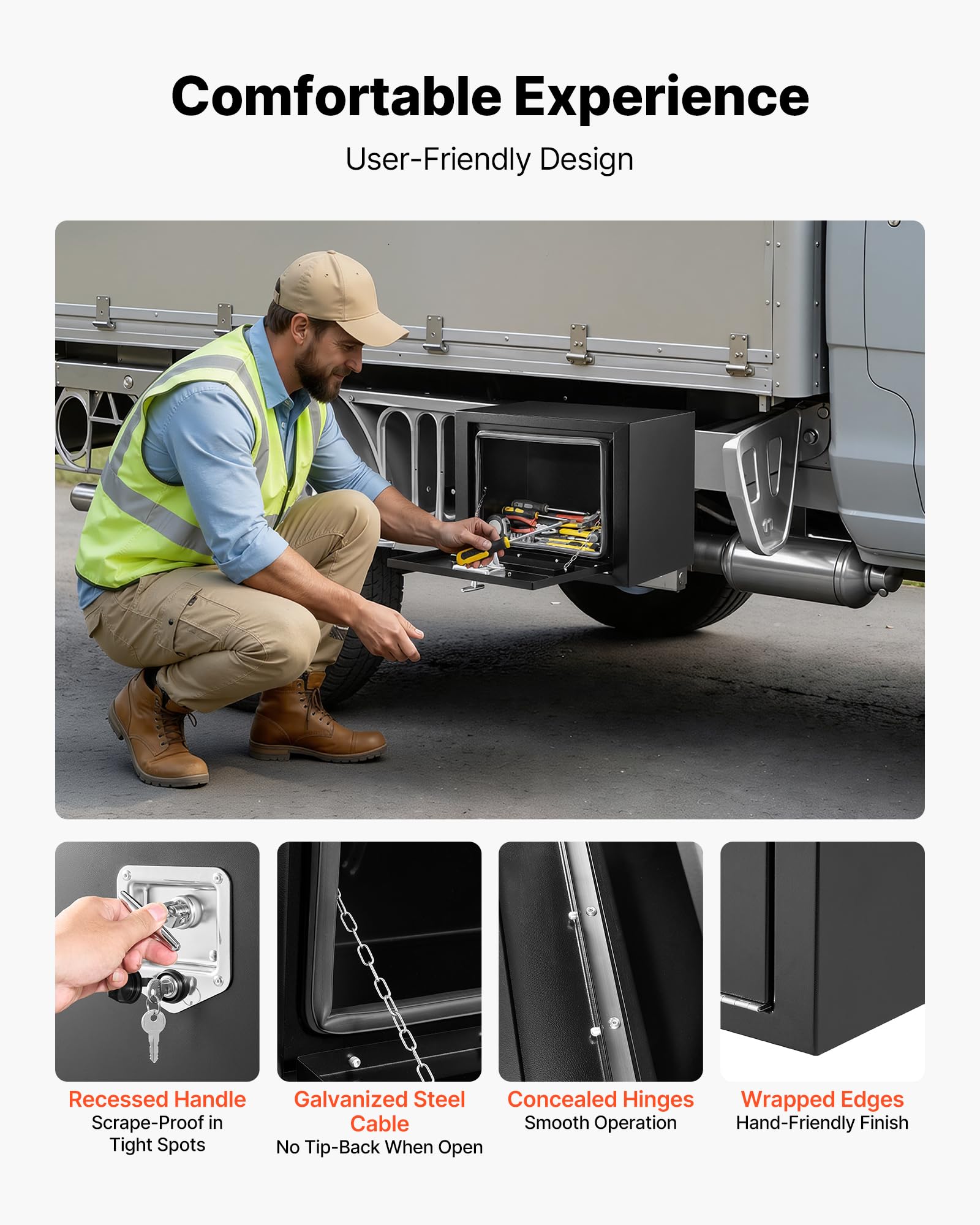 VEVOR box mounted under truck showing low-profile, space-saving benefit