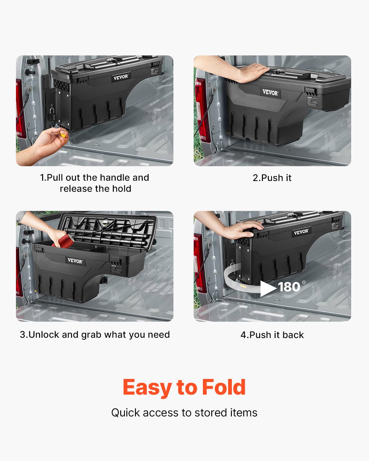 VEVOR box opened pivoted 180 degrees for fast access to stored tools