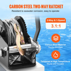 VEVOR ratchet gear detail showing hardened carbon-steel teeth for lasting control