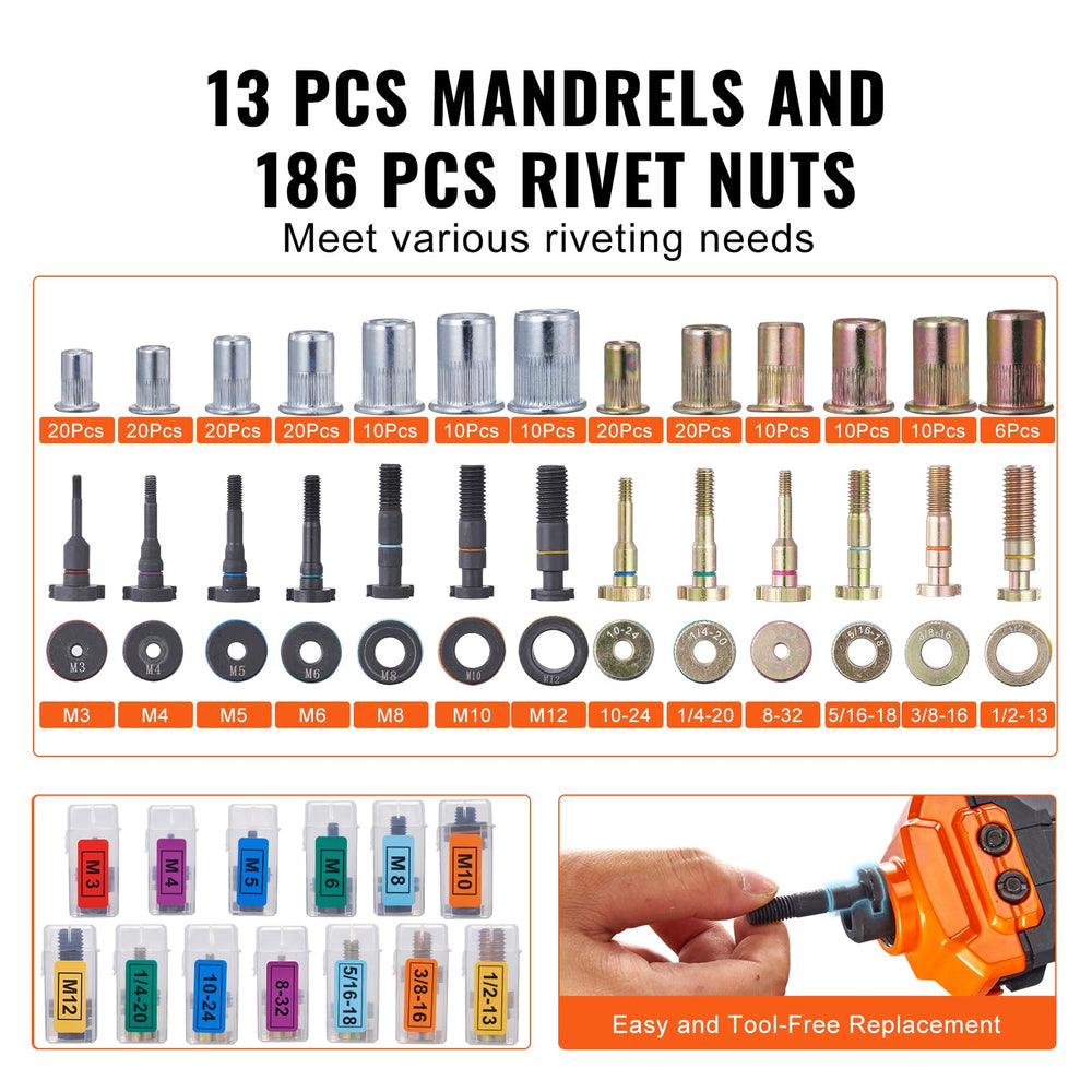 VEVOR rivet nuts assortment displayed for broad size compatibility