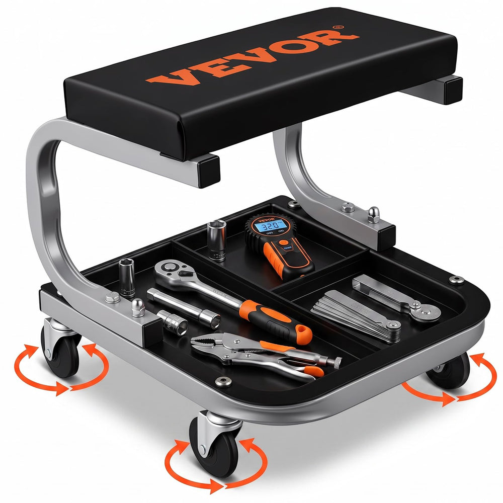 VEVOR rolling creeper front view showing sturdy frame and cushion benefit improved stability