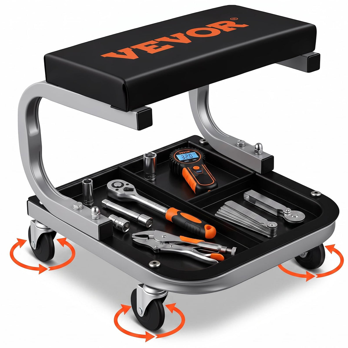 VEVOR rolling creeper front view showing sturdy frame and cushion benefit improved stability