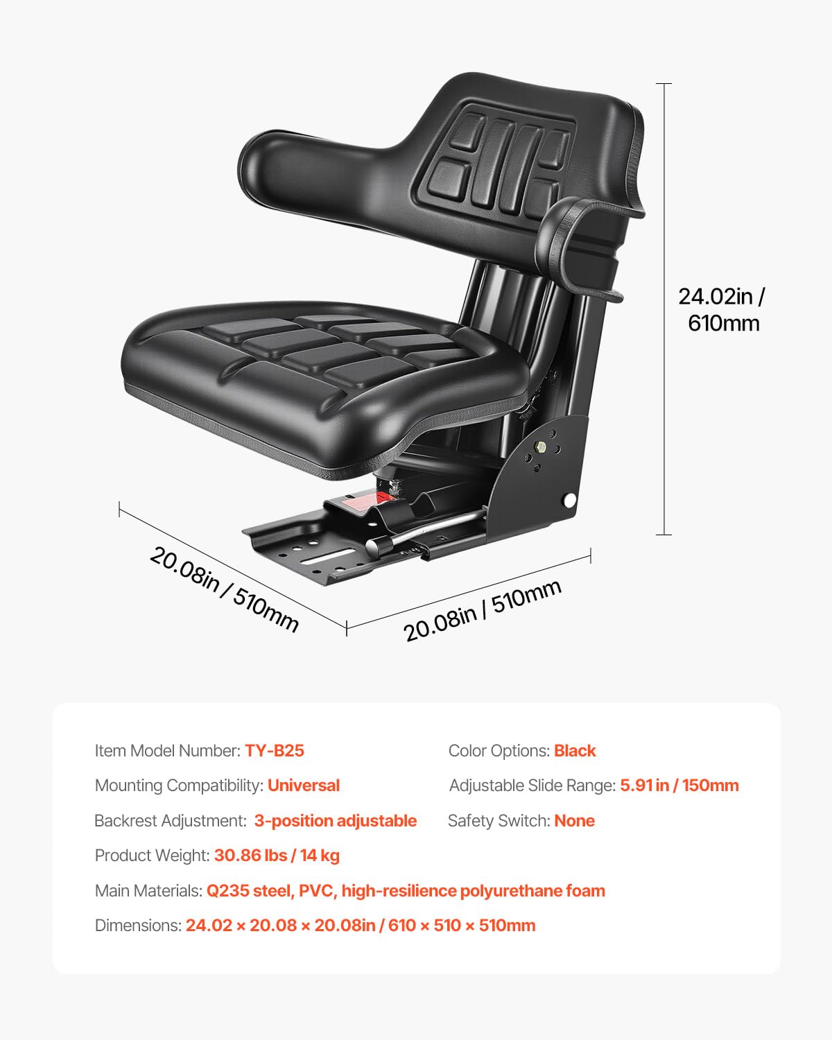 VEVOR seat beside ruler for scale, demonstrating compact adjustable dimensions