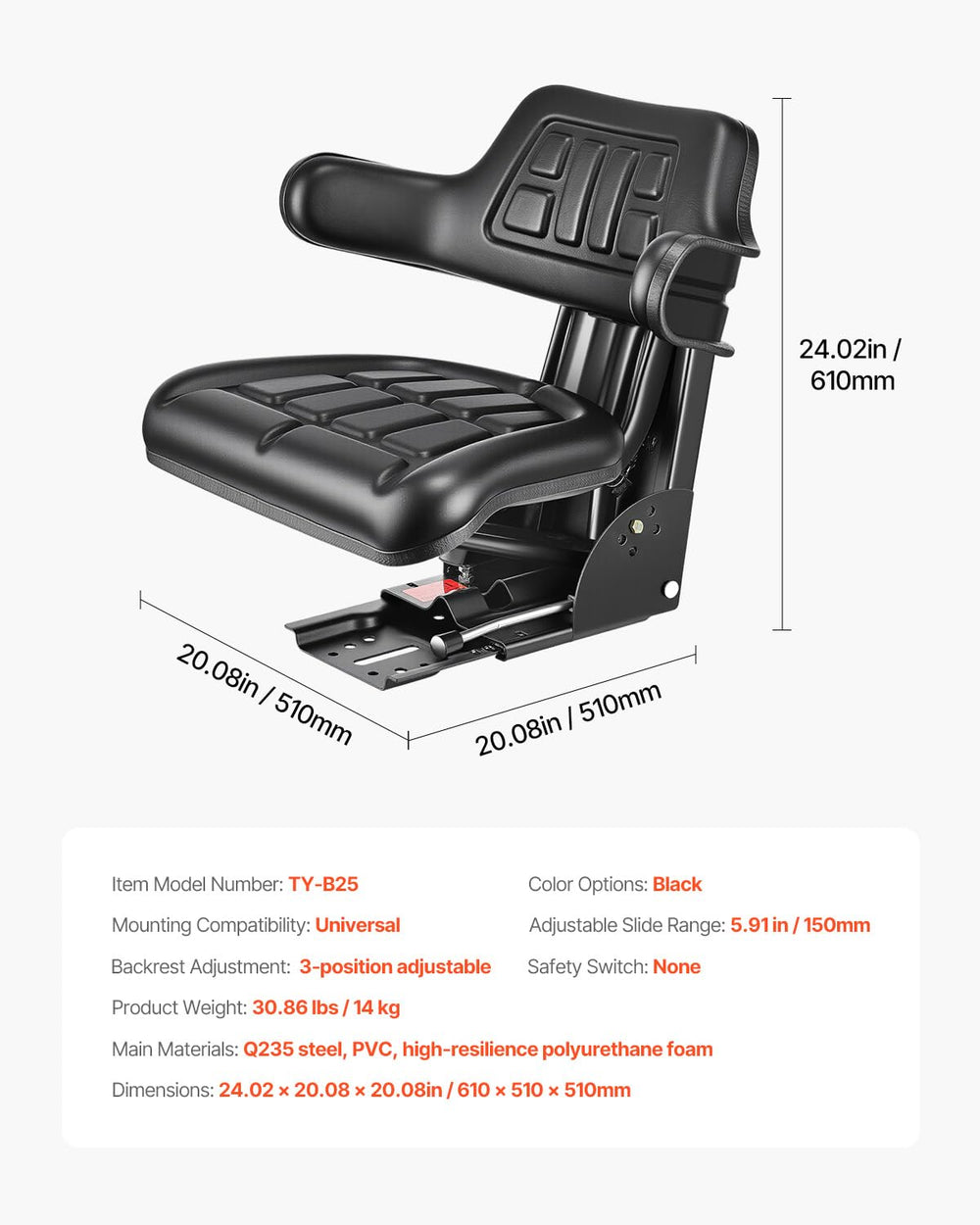 VEVOR seat beside ruler for scale, demonstrating compact adjustable dimensions