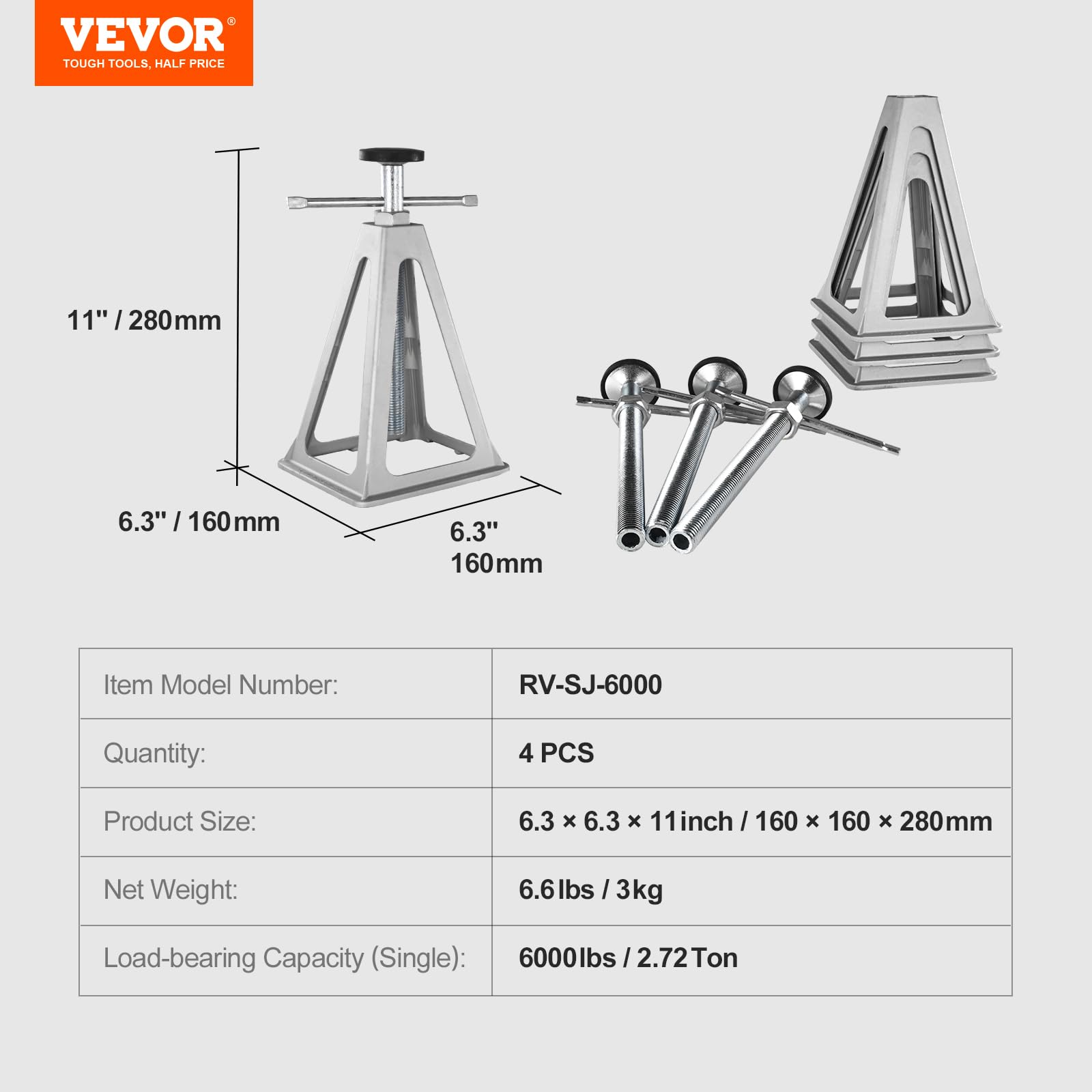 VEVOR jack beside a hand for scale highlighting its lightweight, easy-to-carry size