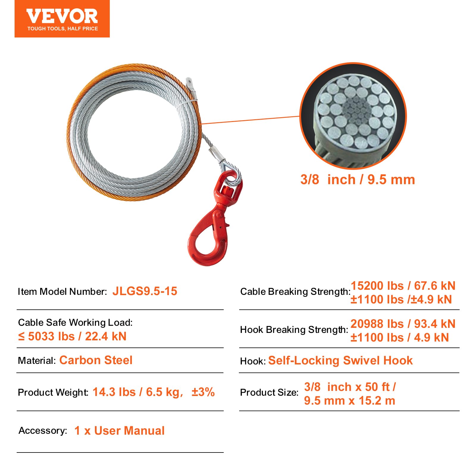 VEVOR cable beside ruler and hands, clarifies diameter 3/8 inch scale and handling