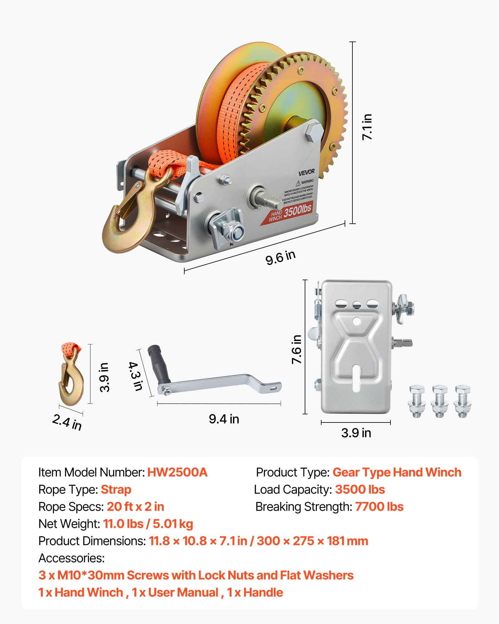 VEVOR winch next to hand showing size and portable scale for trailer or utility use