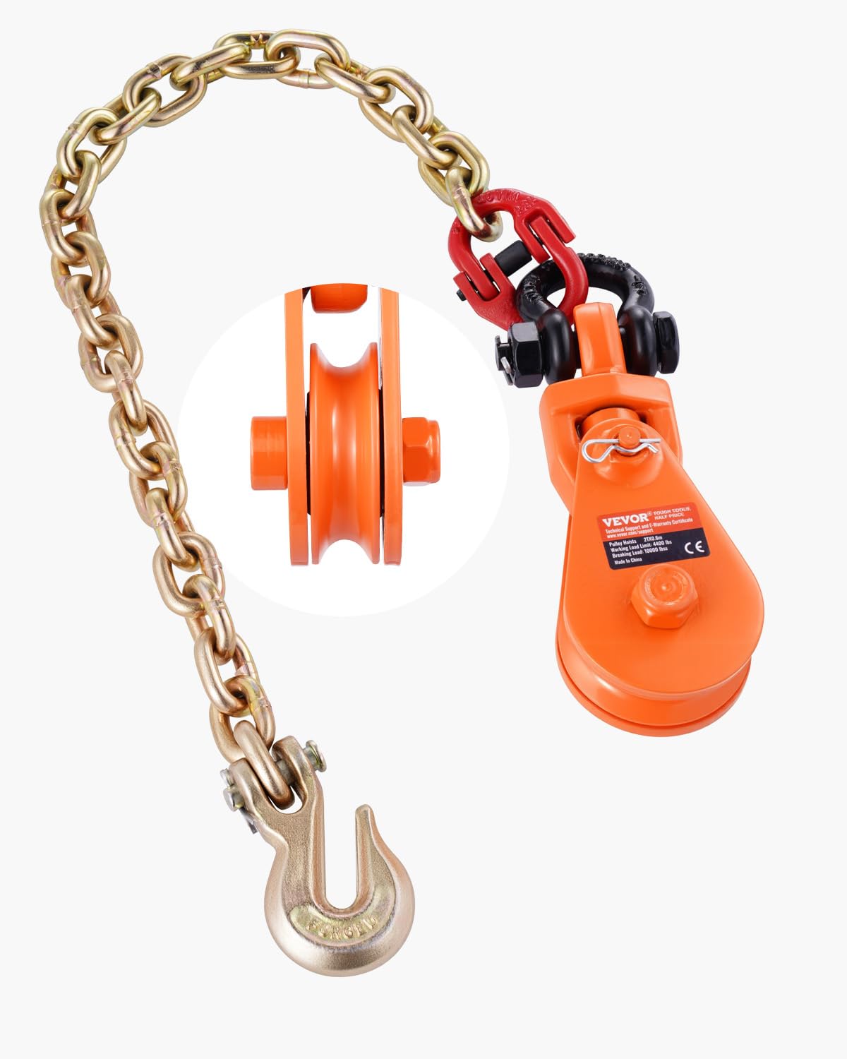 VEVOR snatch block front view showing durable construction and clear markings for safe use