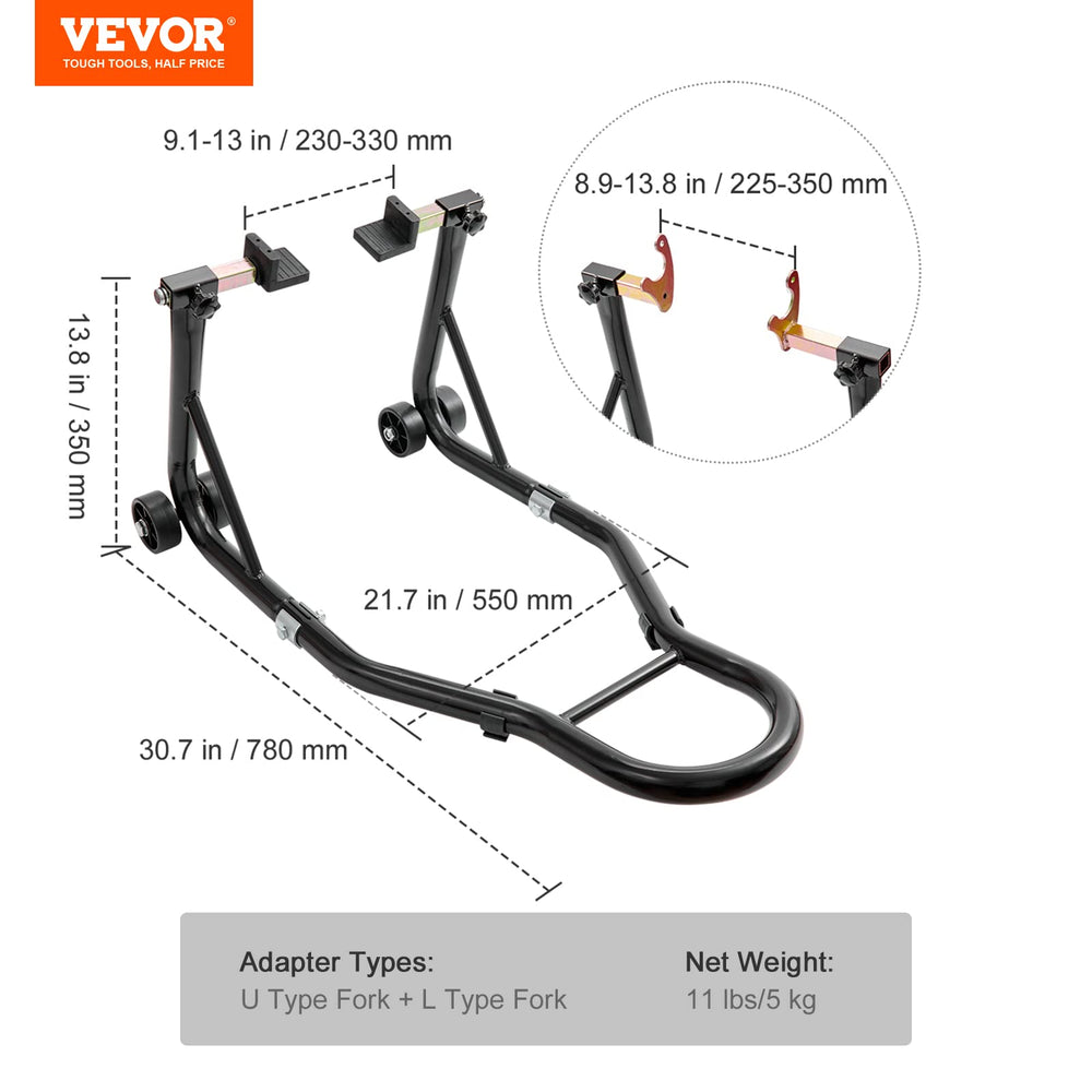 VEVOR stand lifting motorcycle front showing convenient maintenance access