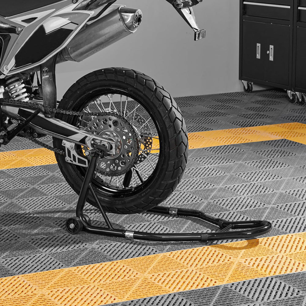 VEVOR stand lifting motorcycle rear showing stable elevated storage benefit