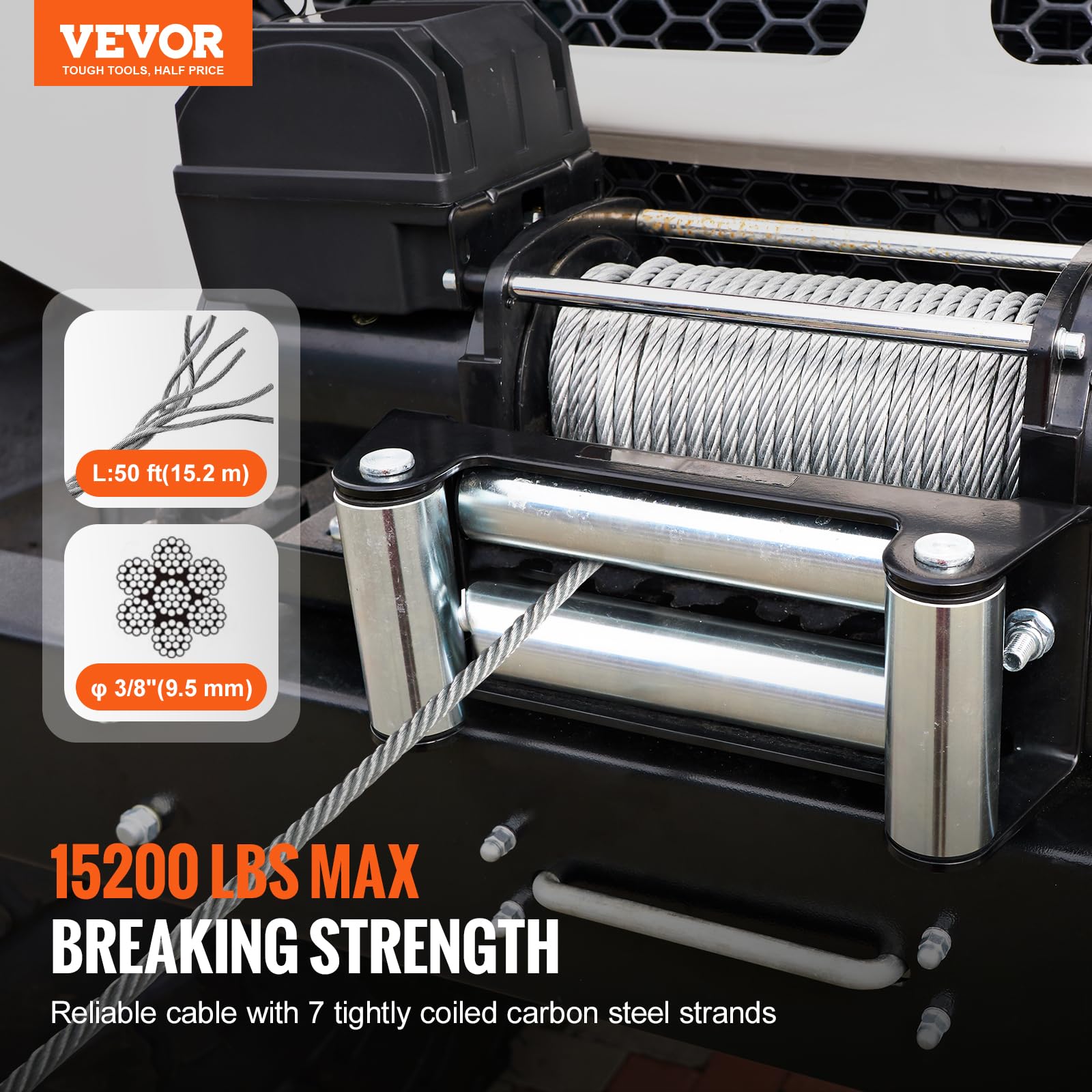 VEVOR close-up of self-locking swivel hook, highlights secure latch and high break strength