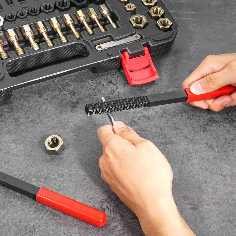 VEVOR taps and dies beside a ruler showing size comparison for correct matching