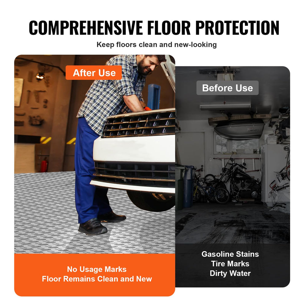 VEVOR tiles installed in garage with car showing floor protection benefit