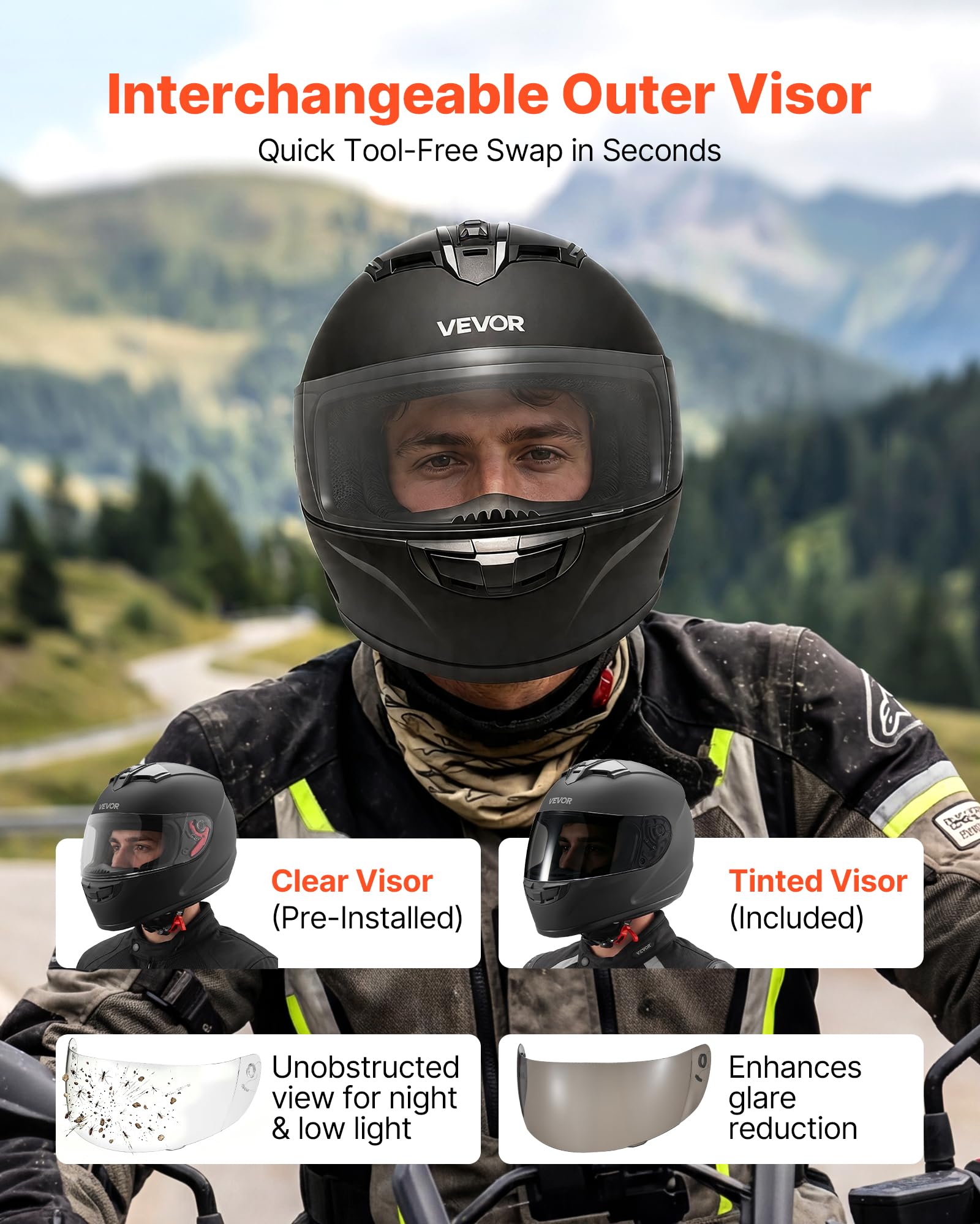 VEVOR tinted visor replacement shown reducing glare in bright conditions