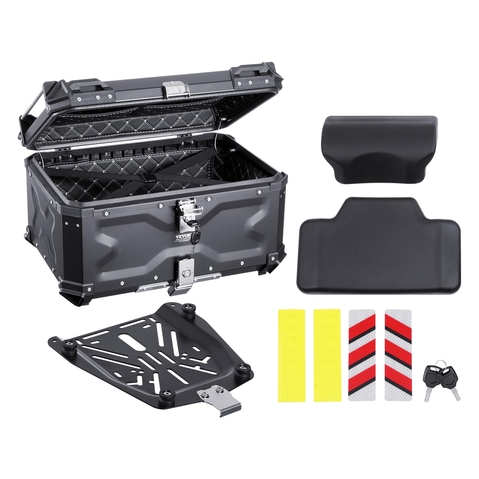 VEVOR front view of aluminum top case showing sturdy construction and finish, durable protection