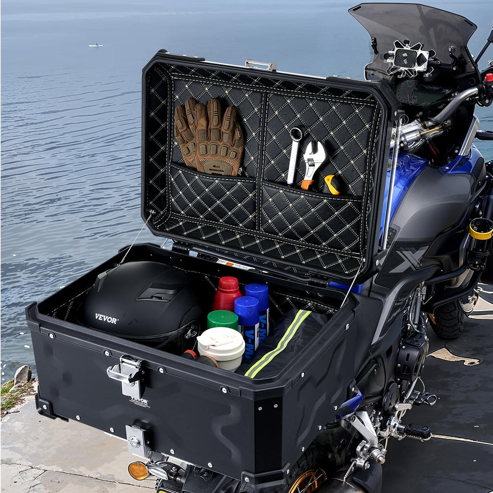 VEVOR mounted on a sport-touring motorcycle showing real-world fit and travel readiness