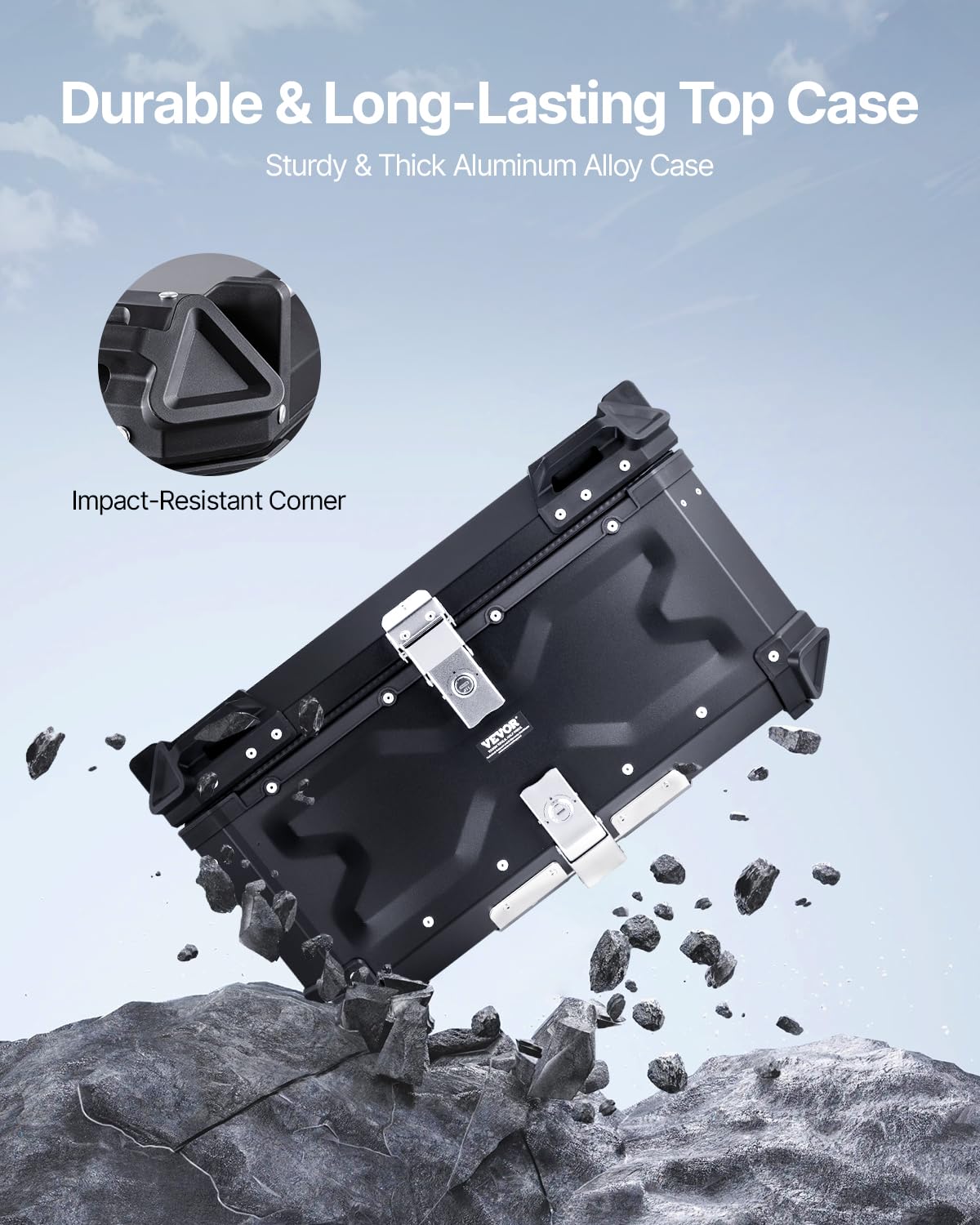 VEVOR open top case with two helmets inside demonstrating ample 65L capacity and organization