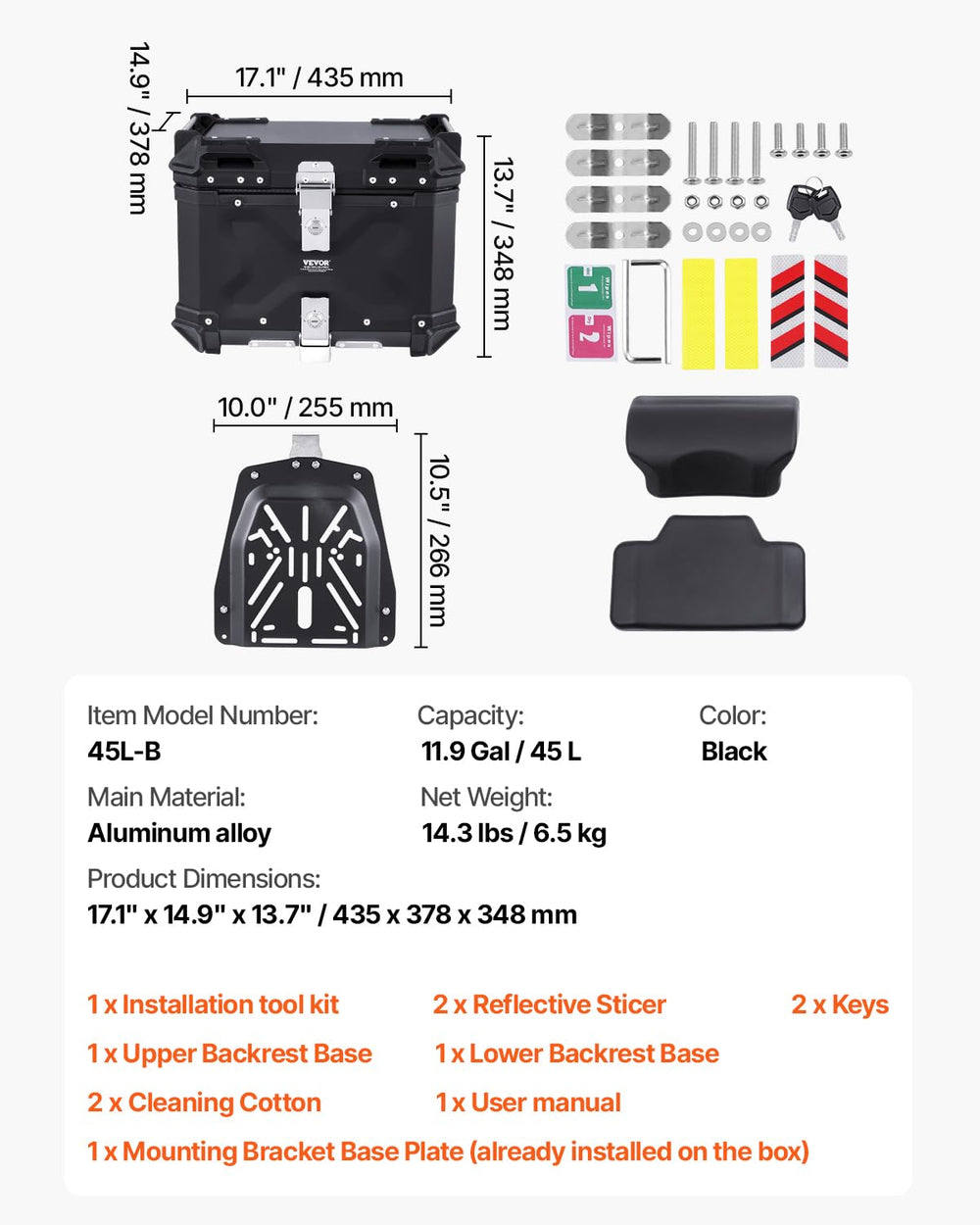 VEVOR top case beside a helmet illustrating true 45L capacity