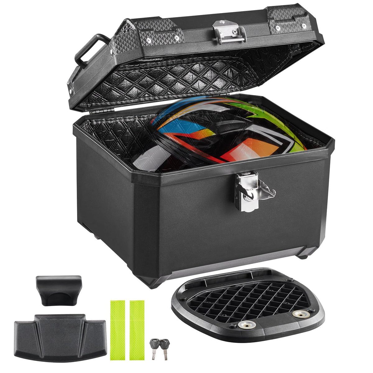VEVOR top case front view showing sleek ABS shell and secure closure