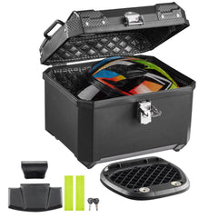 VEVOR top case front view showing sleek ABS shell and secure closure