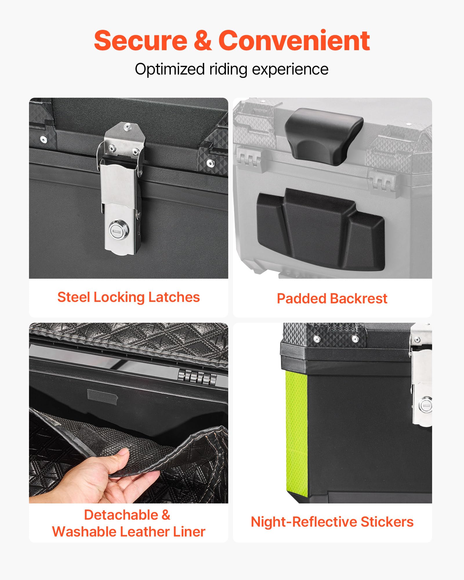 VEVOR top case mounted on motorcycle showing universal rack fit