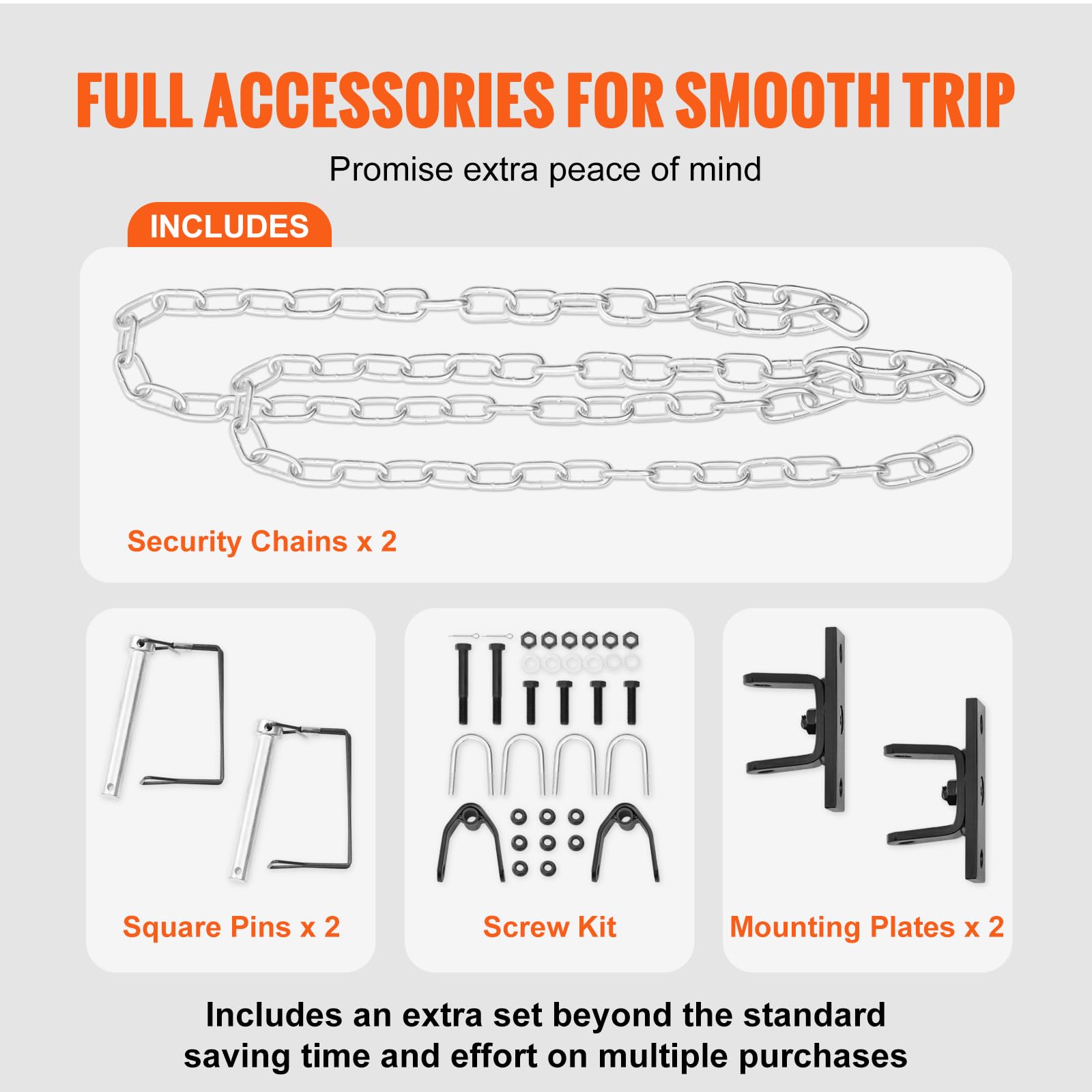 VEVOR tow bar safety chains and hooks close-up adding redundant security during towing