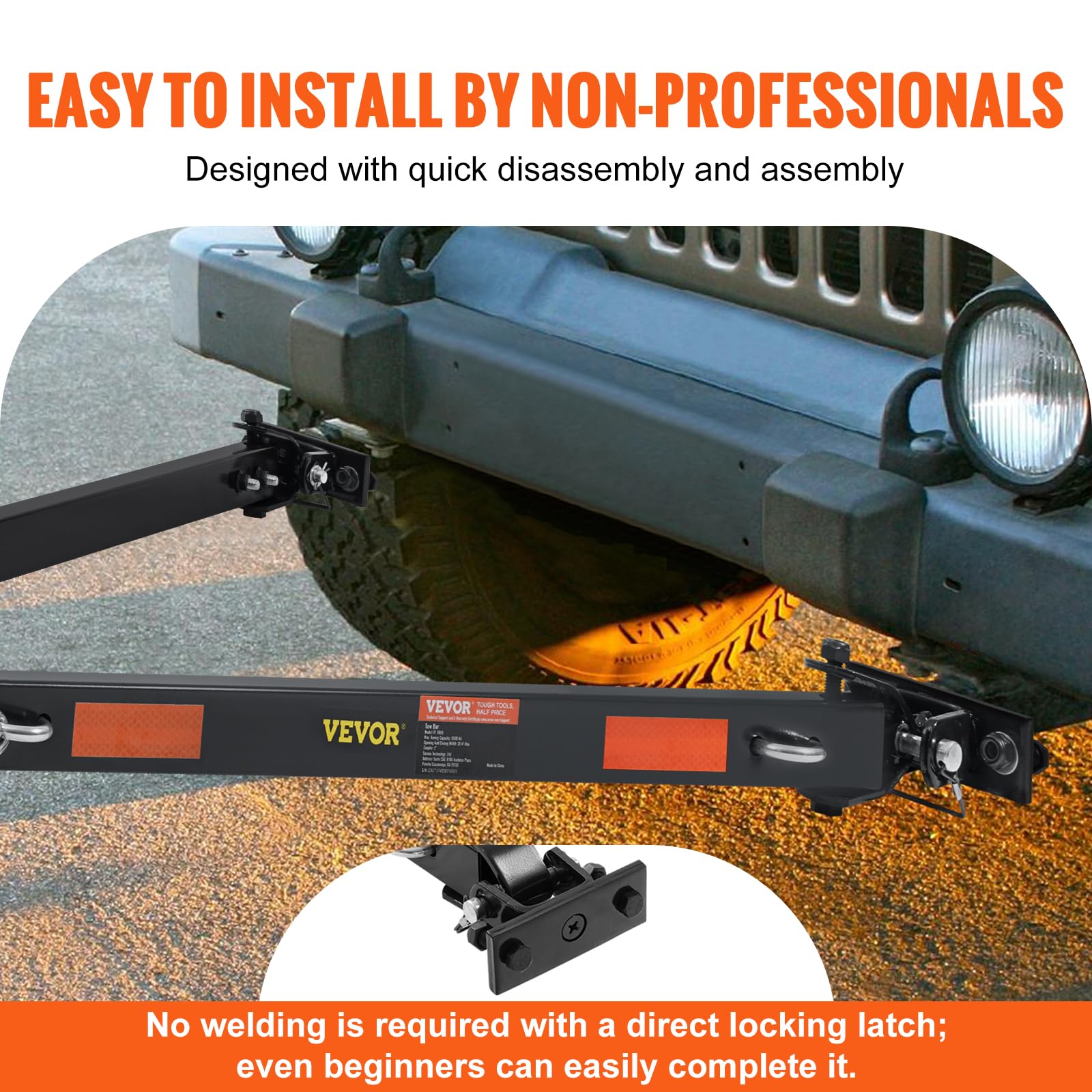 VEVOR tow bar adjustable width scale showing measurement up to 41 inches for versatile fit