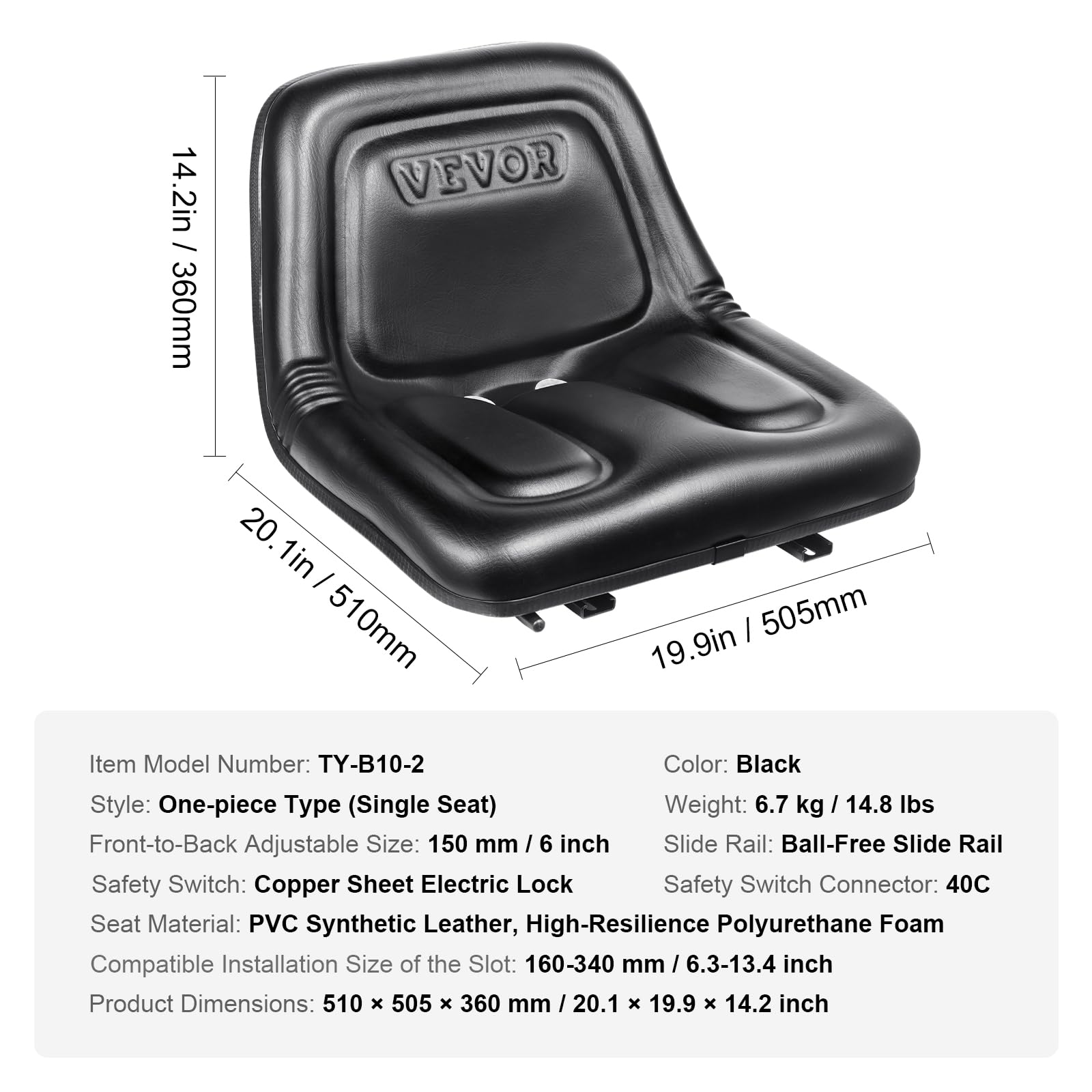 VEVOR seat installed on a ride-on mower showing quick replacement benefit