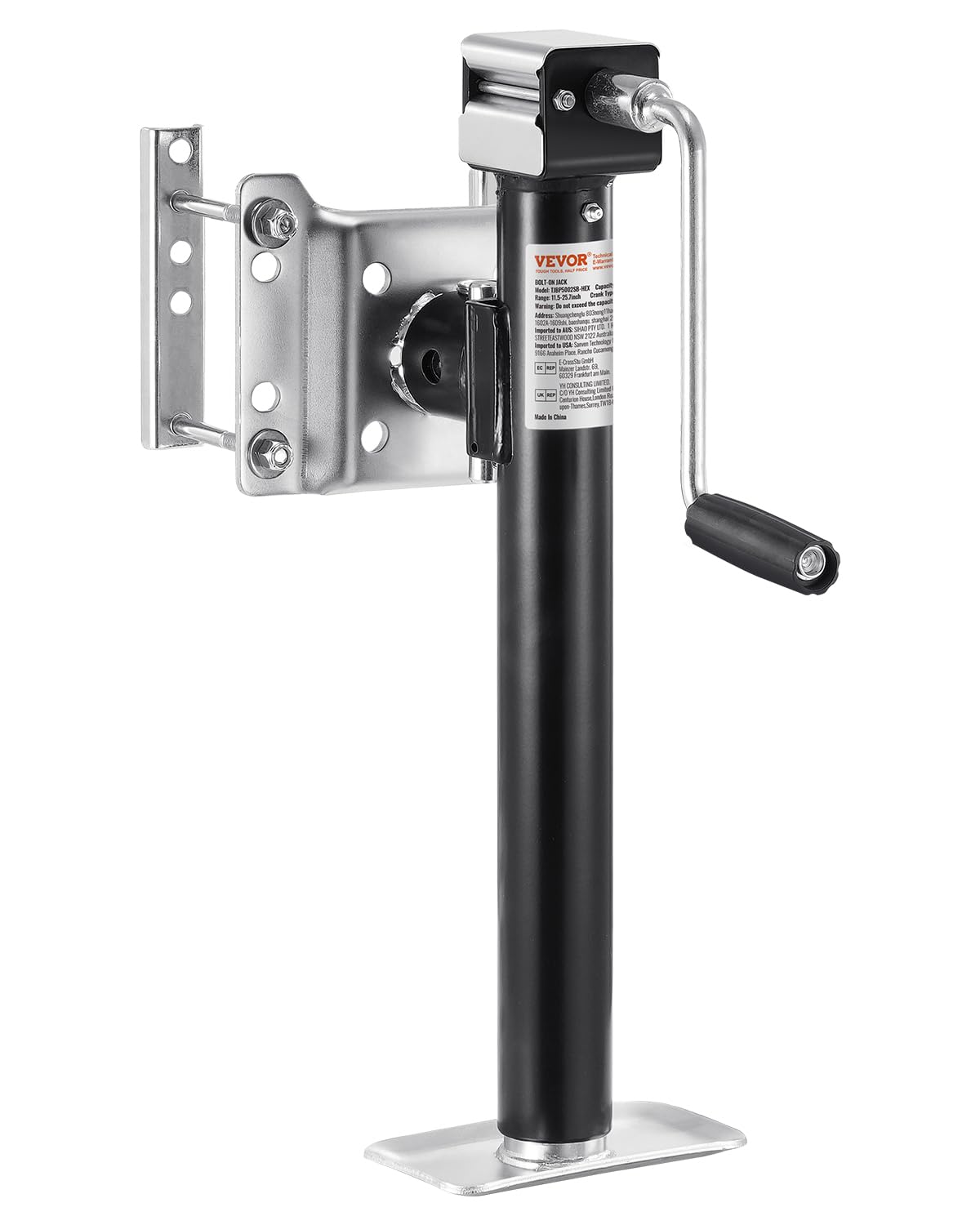 VEVOR front view of trailer jack showing sturdy construction and easy mounting benefit