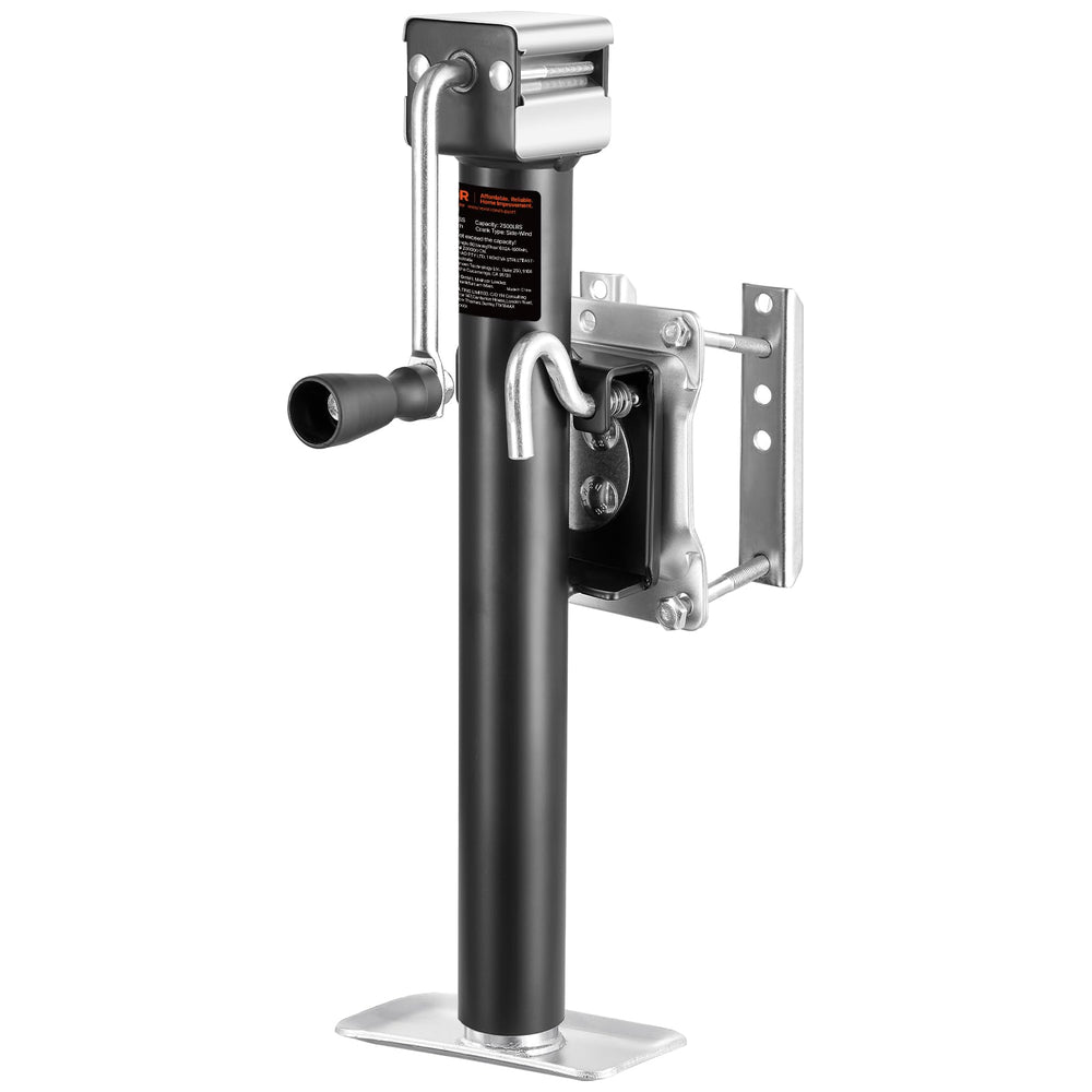 VEVOR trailer jack installed on RV tongue demonstrating secure hitching convenience