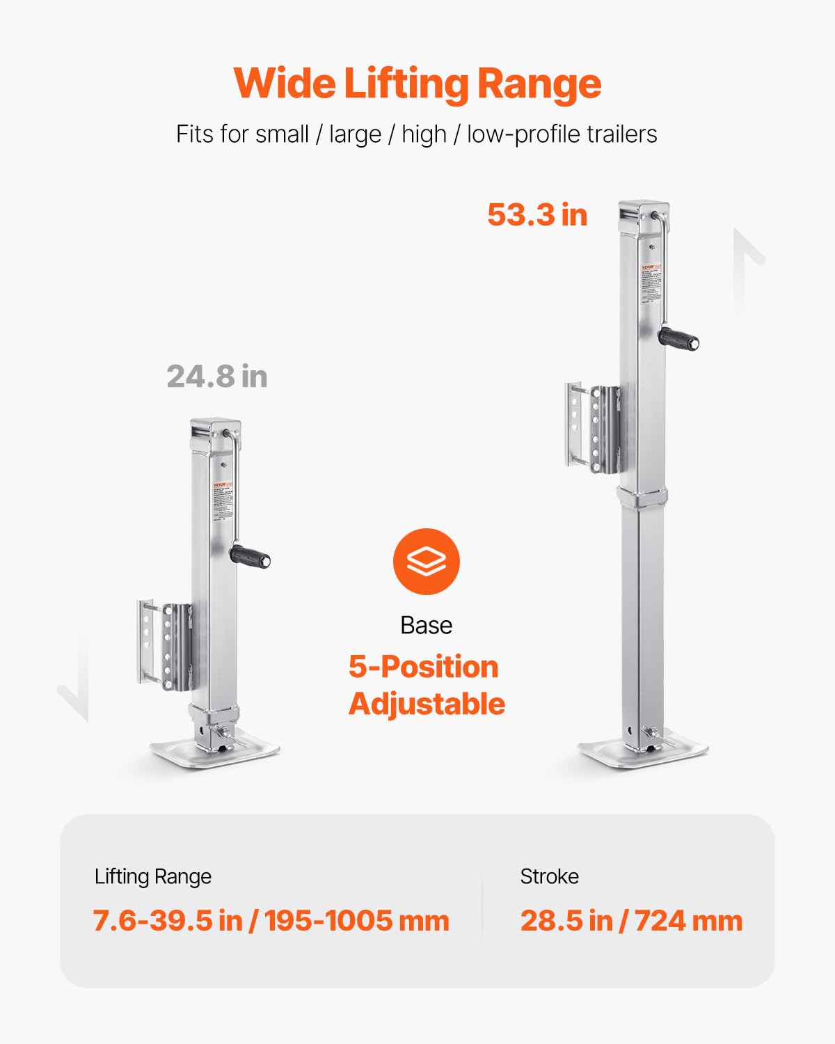 VEVOR jack extended and lowered to show full 7.6–39.5 inch lift range advantage