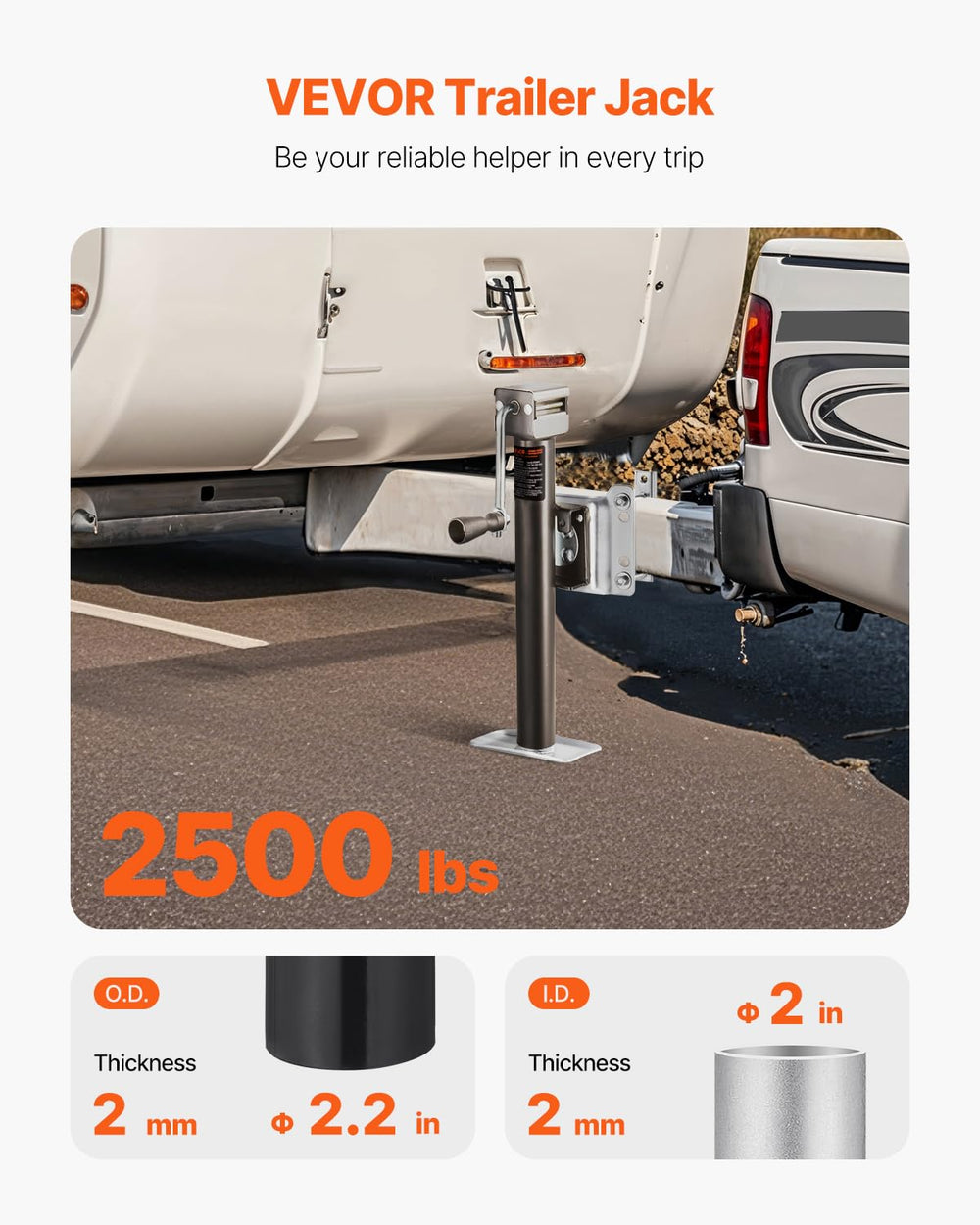 VEVOR trailer jack side profile emphasizing sturdy steel construction and compact swivel