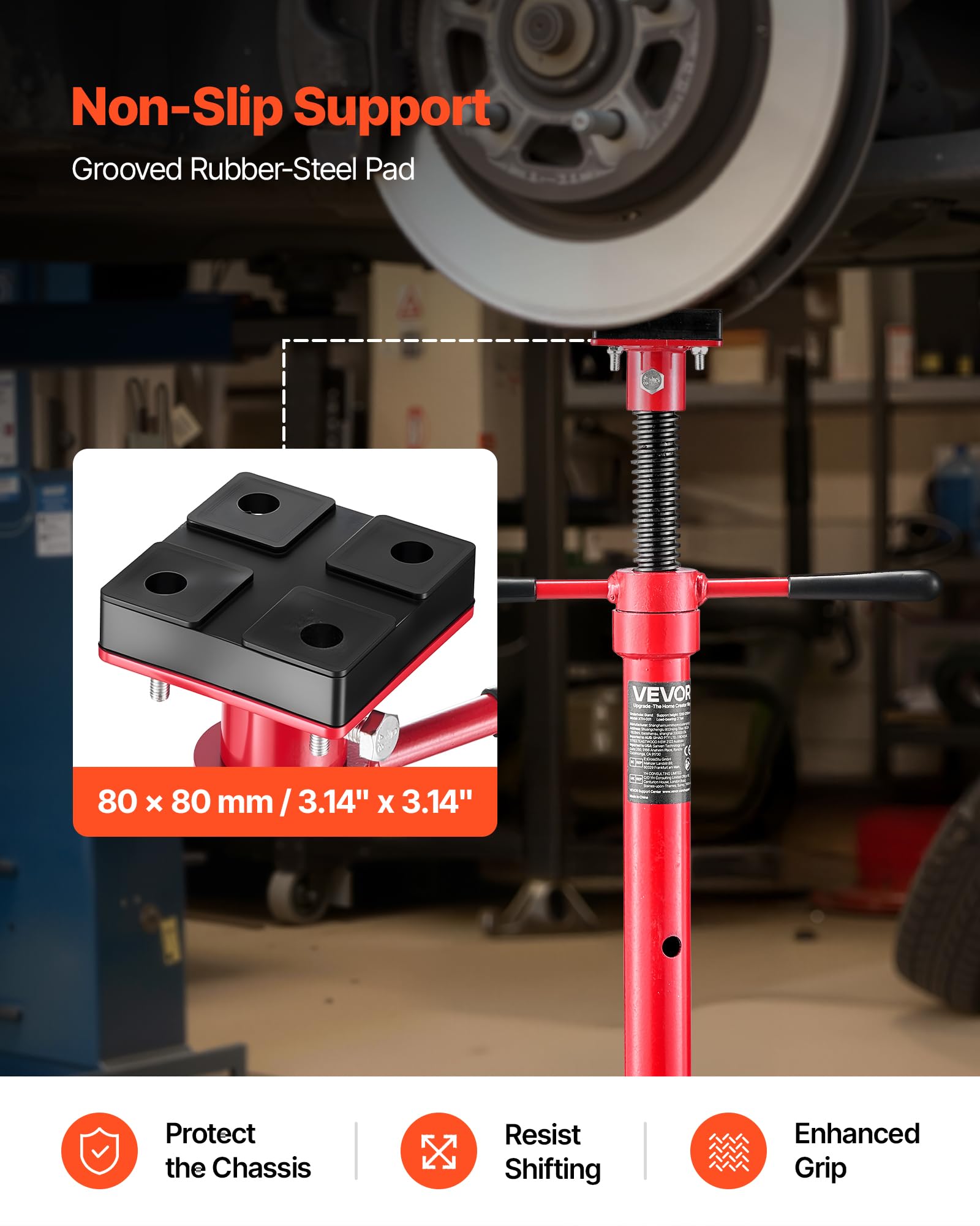 VEVOR tripod stand placed under a vehicle lift improving stability during service