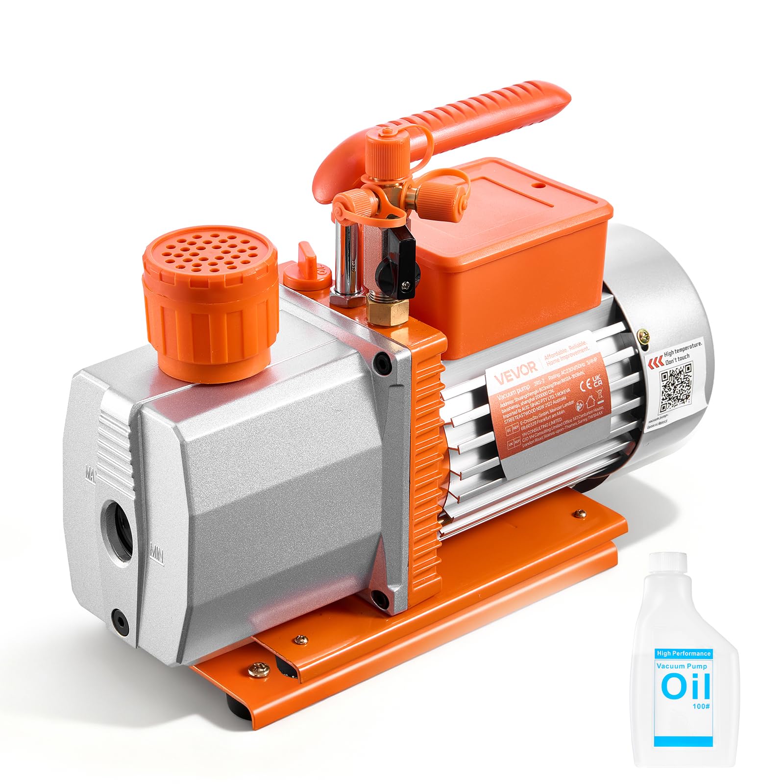 VEVOR vacuum pump front view showing compact, robust design for reliable performance