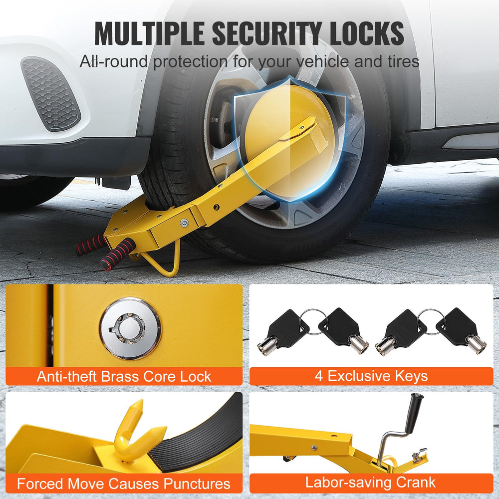 VEVOR clamp mounted on a trailer wheel showing secure immobilization