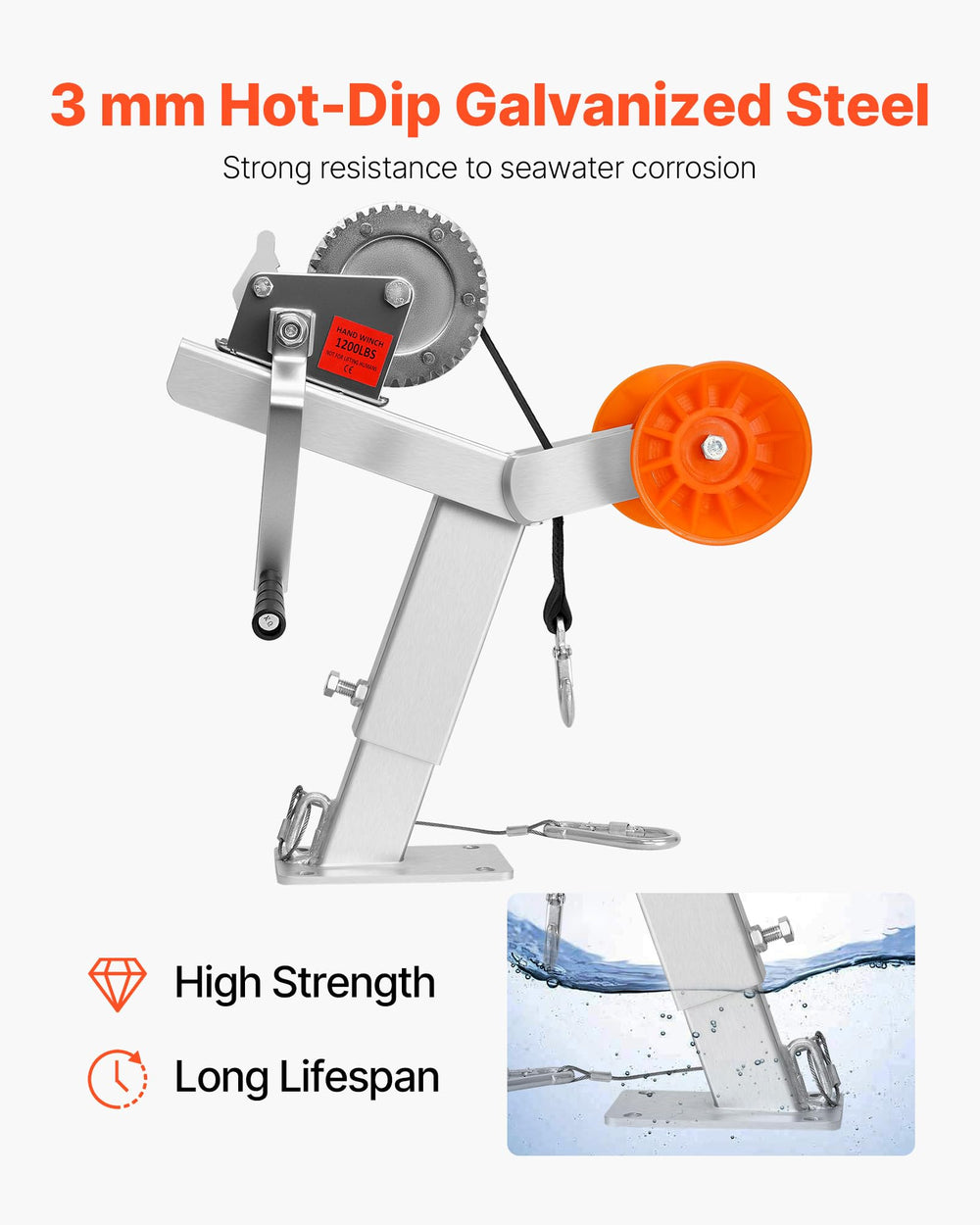 VEVOR winch closeup showing gears and handle for reliable manual pulling