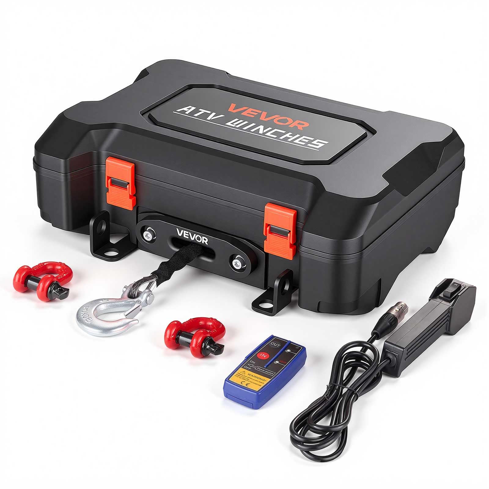 VEVOR winch front view showing compact box and controls for easy transport