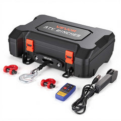 VEVOR winch front view showing compact box and controls for easy transport