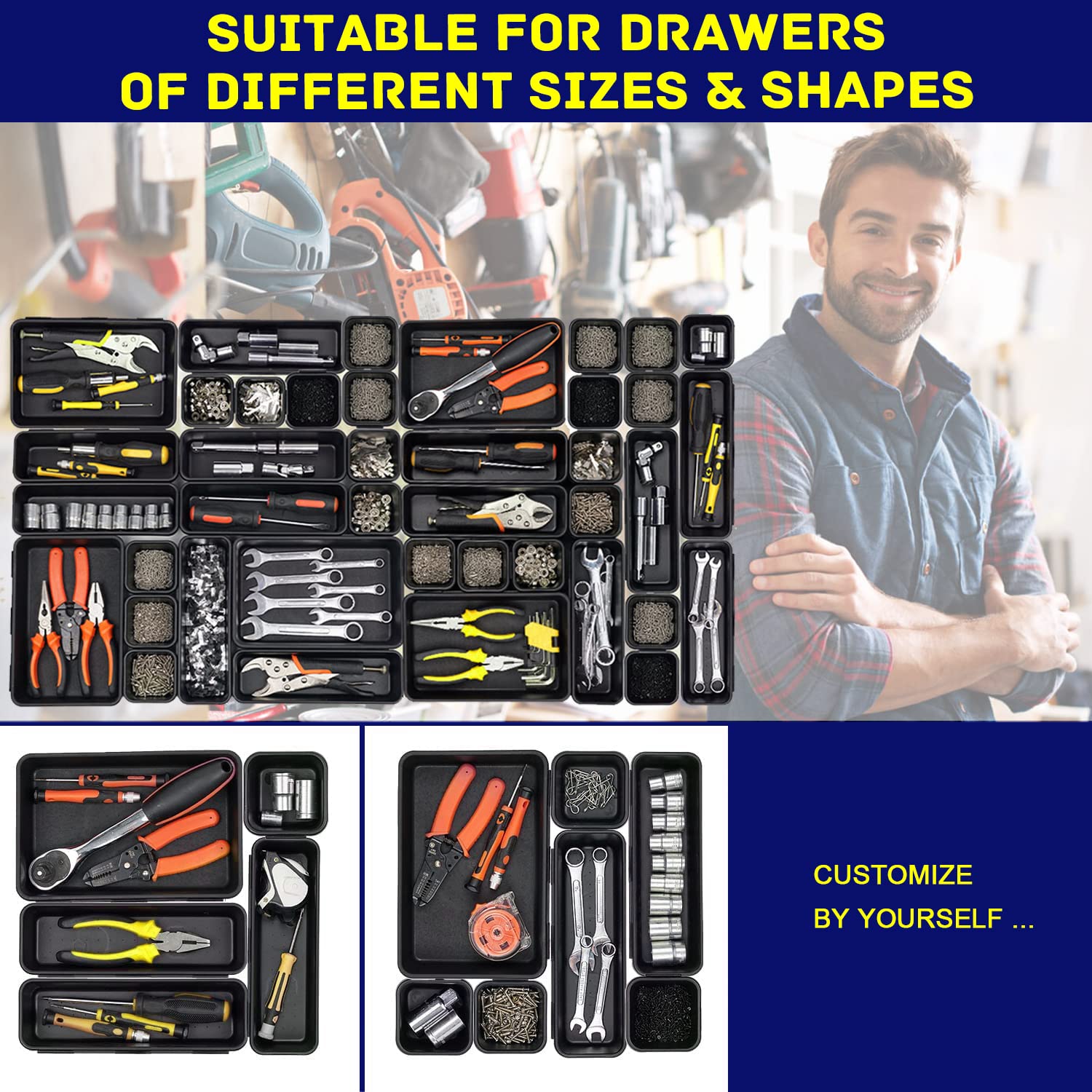 Vexercisehoop trays filled with tools to demonstrate tidy sorting benefit