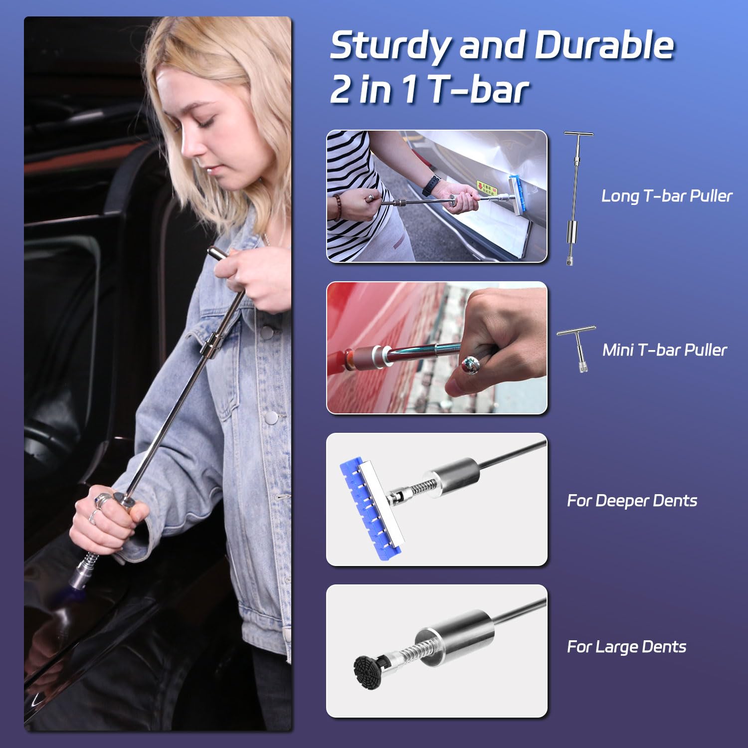 VEXTRO slide hammer T-bar pulling a door ding, demonstrating safe gradual dent removal