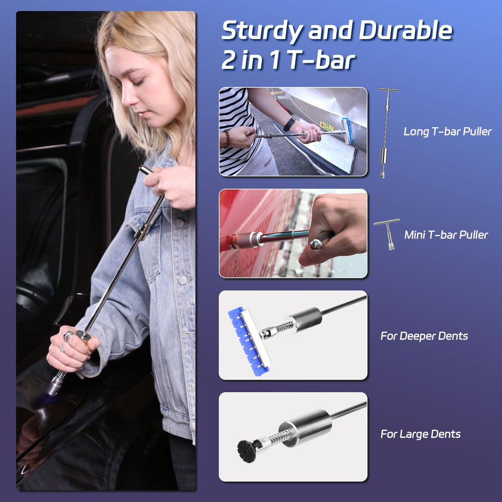 VEXTRO slide hammer T-bar pulling a door ding, demonstrating safe gradual dent removal