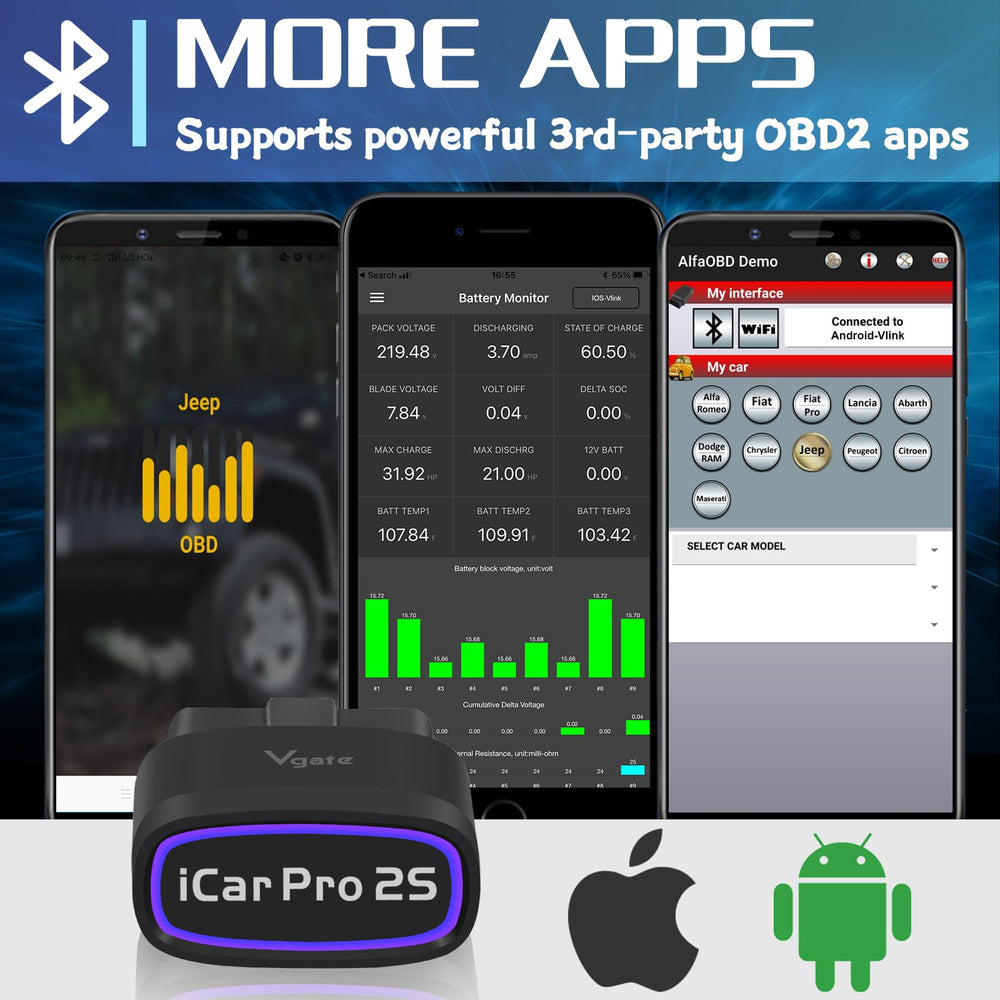 Vgate iCar Pro 2S close-up label showing model info and easy firmware updates