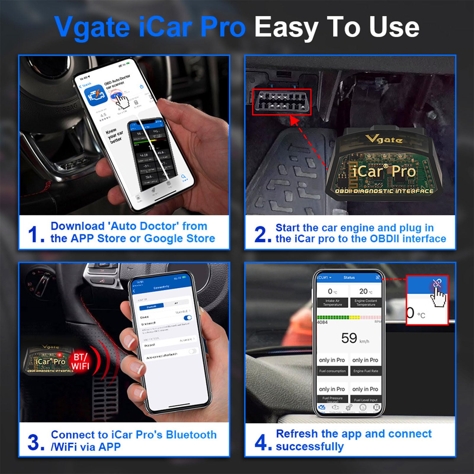 Vgate iCar Pro box and manual showing included firmware support and setup guidance